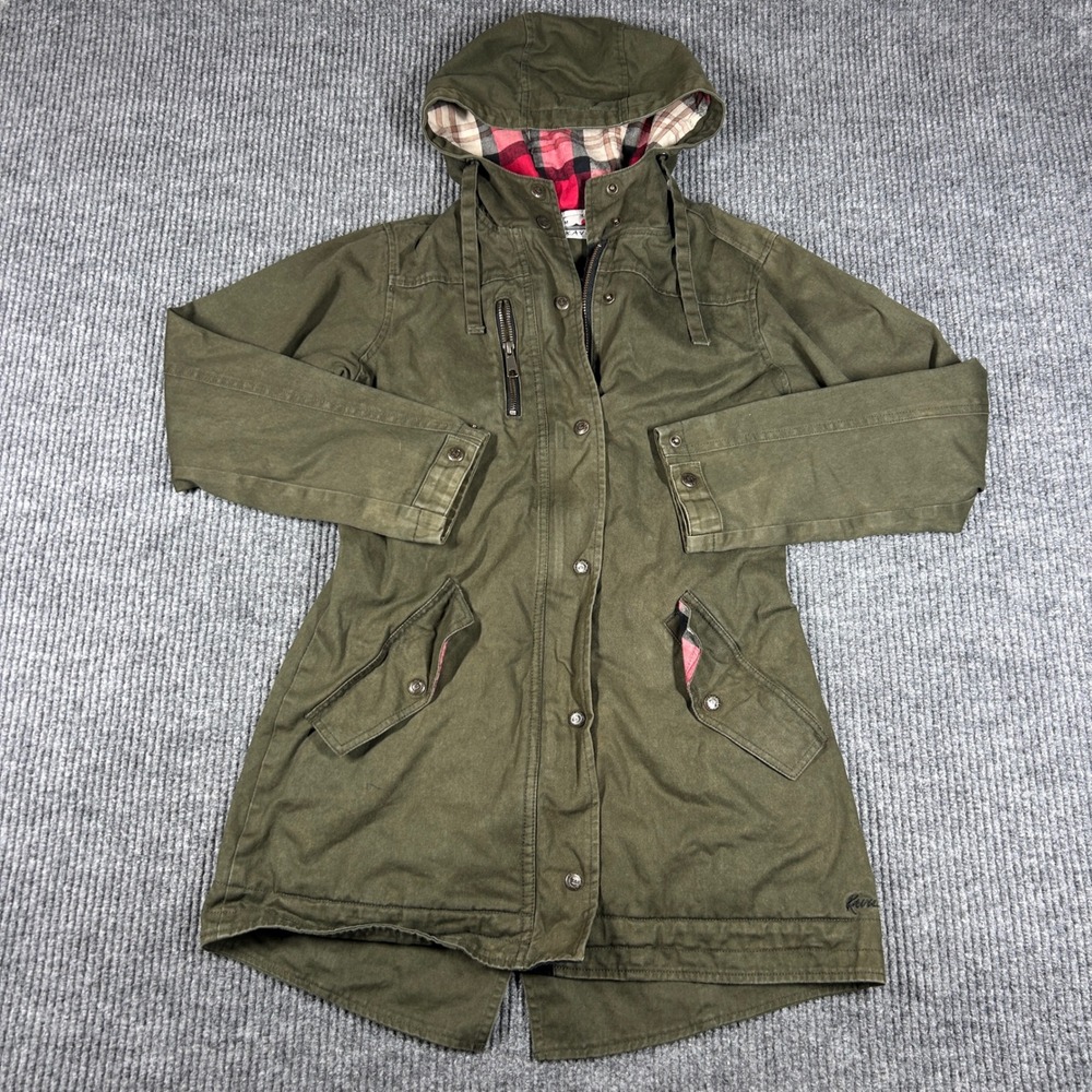 Kavu Jacket Women's M Olive Green Plaid Lined Hooded Parka Utility Coat Outdoors
